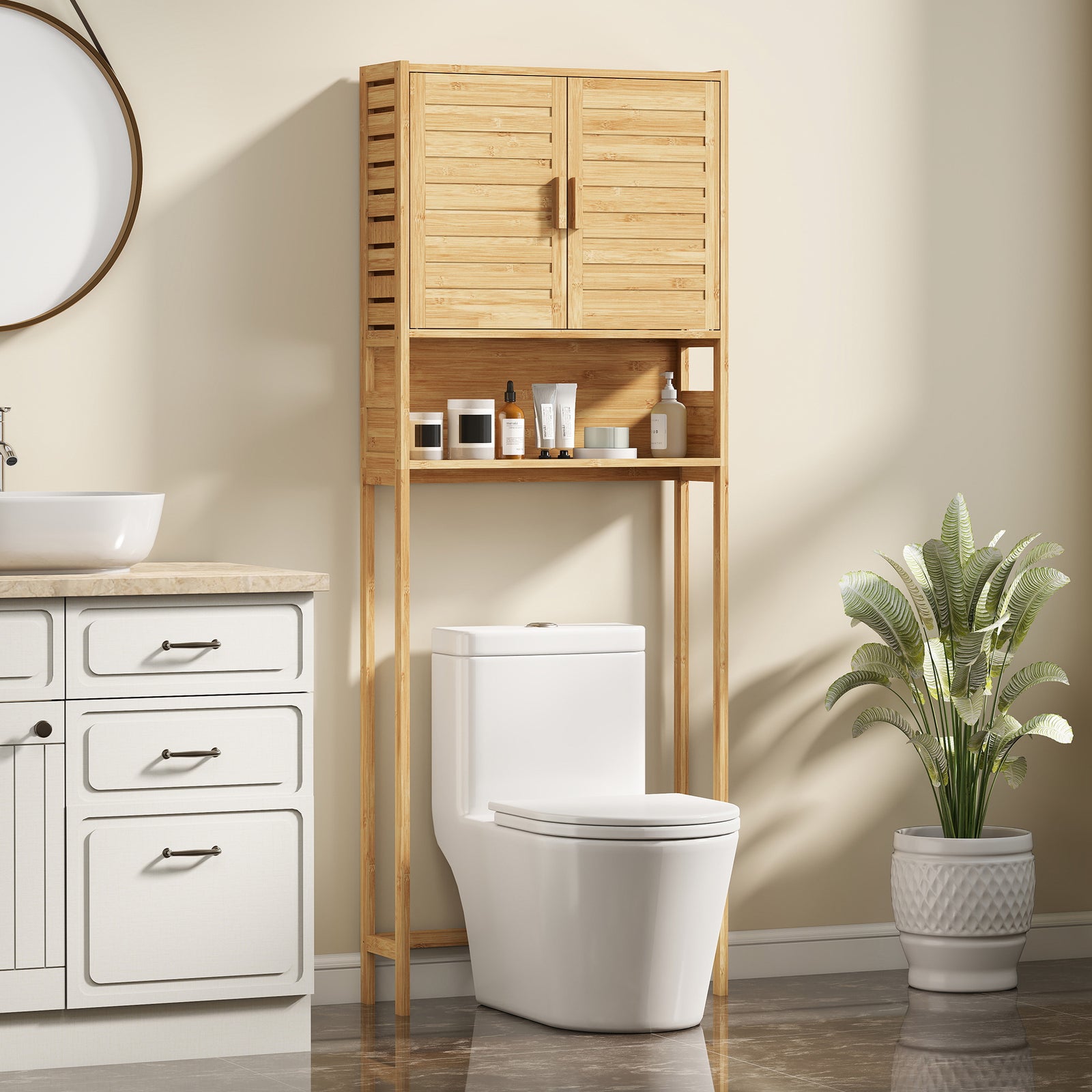 Meuble de rangement au-dessus de la toilette en bambou