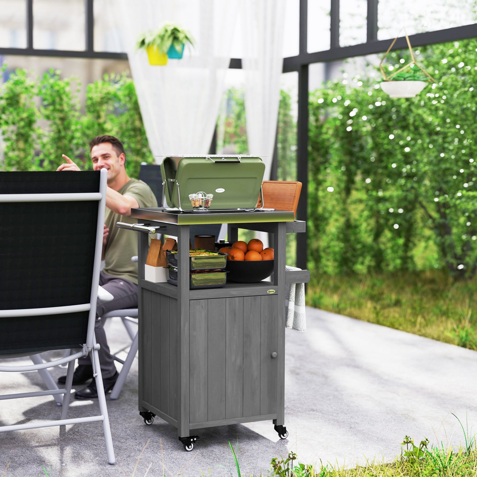 Chariot BBQ extérieur avec dessus en acier inoxydable et rangement