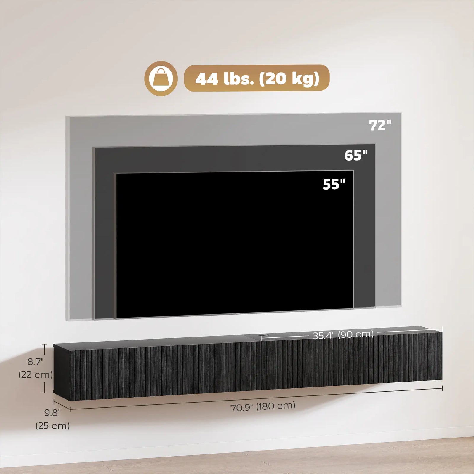 Meuble TV mural flottant jusqu’à 72 po avec rangement